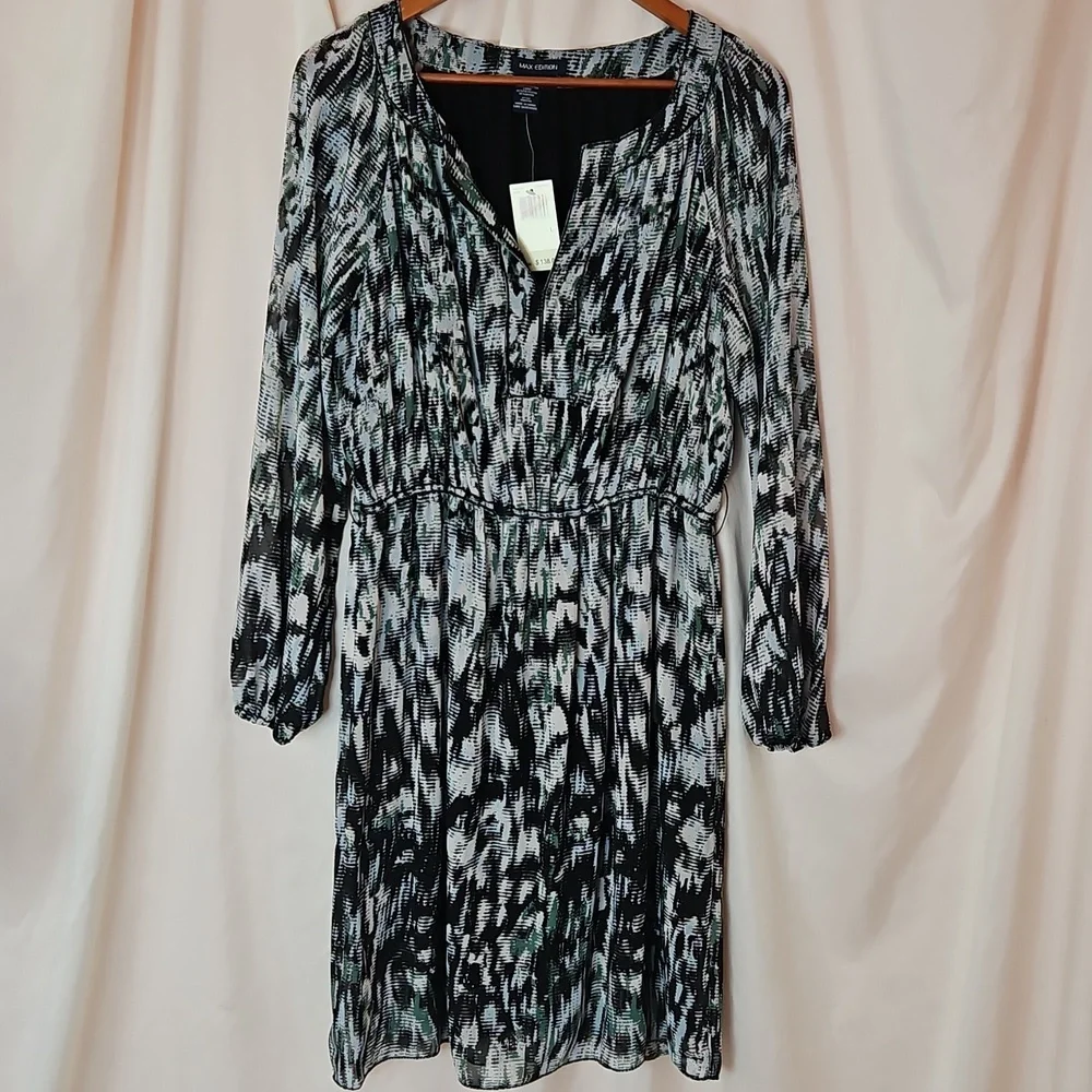 Max Edition Abstract Blouson Dress Womens Large Cinched Waist Long Sleeve Office